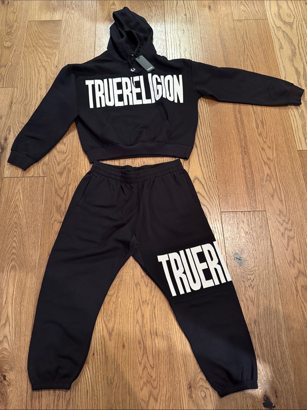 True Religion Black XL Men’s Sweatpants & Hoodie Set with White Logo
